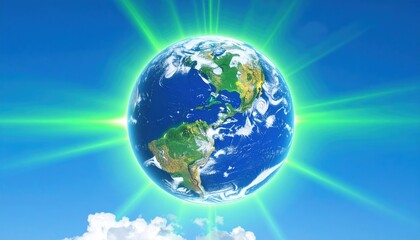 Naklejka premium Vibrant Earth Globe Shining Brightly Against a Clear Blue Sky with Green Energy Rays