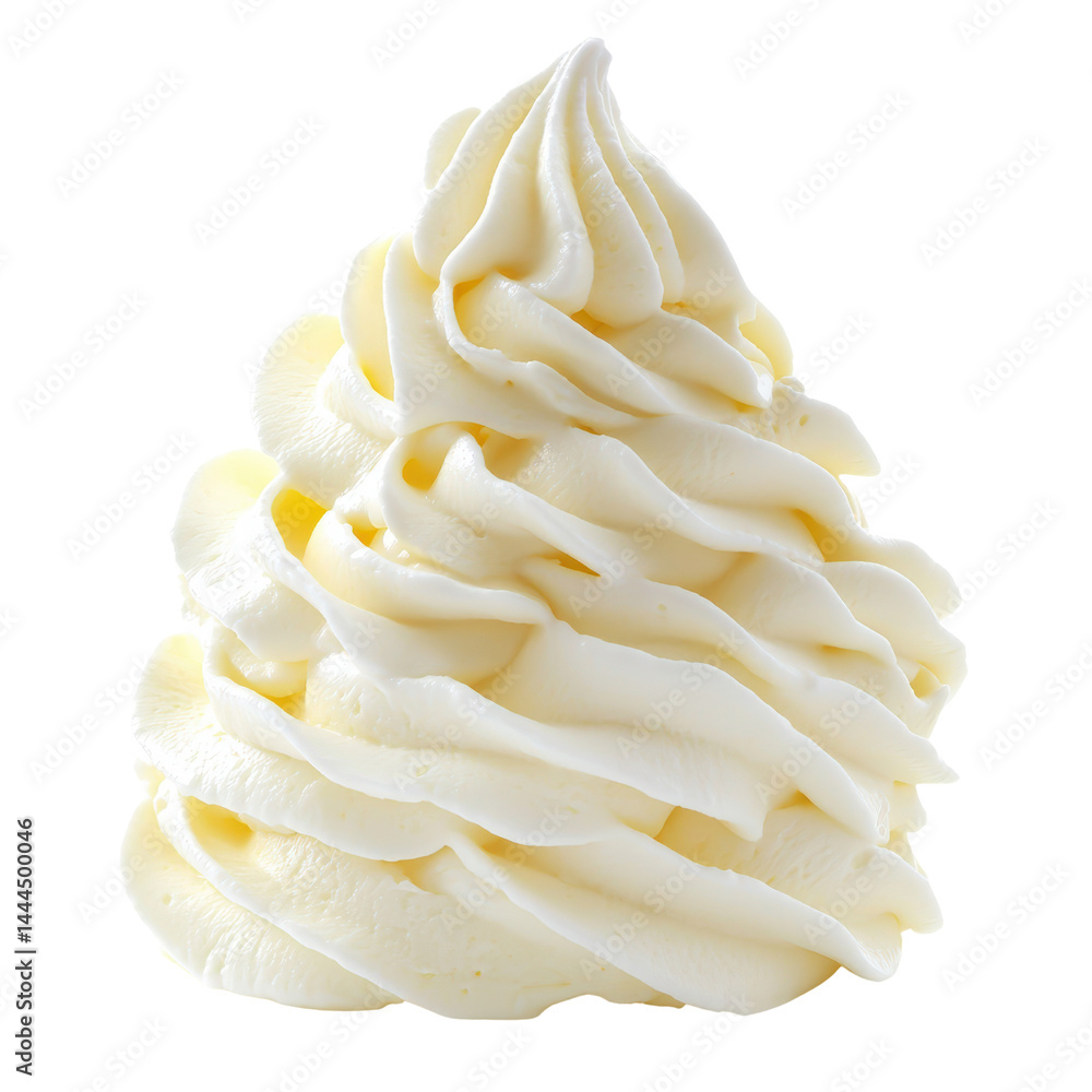 Poster creamy smooth swirl of fresh vanilla flavored soft serve ice cream topped with whipped cream in a cl