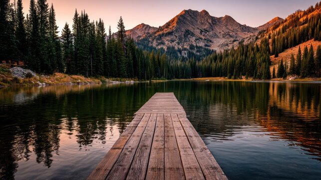 Serene mountain lake at sunset, wooden dock extending into calm waters reflecting the golden hour light on the majestic peaks
