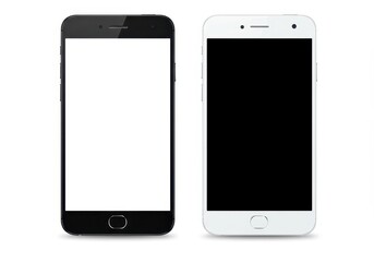Two smartphones one black with white screen and one white with black screen on white background