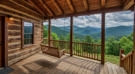 Log Cabin Porch Swing With Panoramic Mountain View And Forest