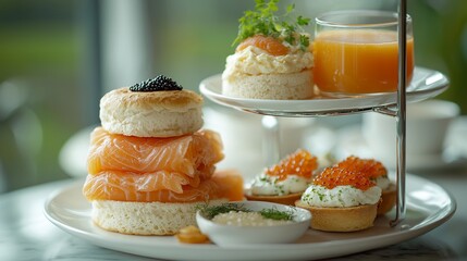 Elegant tiered high tea selection with smoked salmon, caviar, scones, and fruit juice