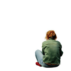 Young woman sitting with her back turned, wea a green jacket and jeans, isolated on a white background, casual pose, contemplative mood, full body view