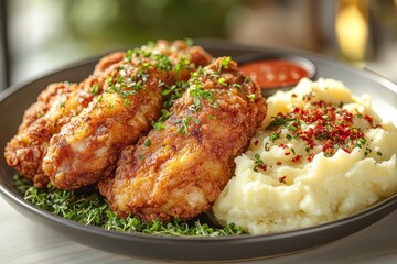 Crispy fried chicken, mashed potatoes, restaurant