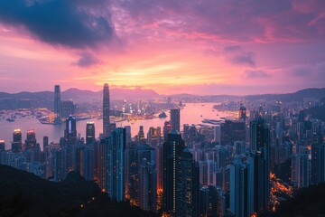 Fototapeta premium Sunset over Hong Kong skyline showcasing modern architecture and urban landscape, Hong Kong skyline at sunset Modern city urban architecture cityscape panorama