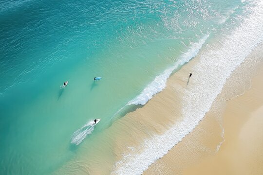 Coastal beauty of Noosa Heads beach showcasing surfers riding waves and relaxing on the sand, Beautiful coastal landscape of Noosa Heads beach Surfers in blue ocean water