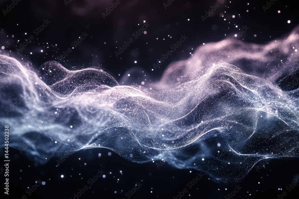 Poster flowing dark waves of light particles create an ethereal atmosphere in a dynamic visual display, dar