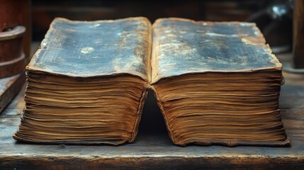 Open Antique Book Displaying Aged Pages and Weathered Cover Texture Details