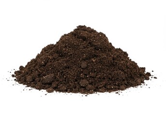A mound of dark brown soil or dirt is piled up against a plain white background in a studio shot