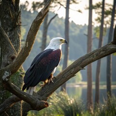 Fototapeta premium American bald eagle sitting on a tree branch against the backdrop of mountains