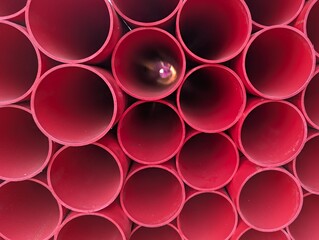 A stack of red plastic utility pipes ready to be laid in trenches