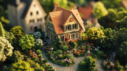 Miniature model of a quaint village home with vibrant garden.
