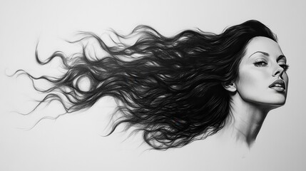 Black and white portrait of a woman with flowing hair