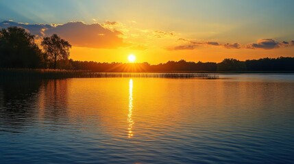 Fototapeta premium A serene landscape with the sun setting behind a silhouette of trees, illuminating the sky with shades of orange and yellow, as the soft light touches the calm lake.