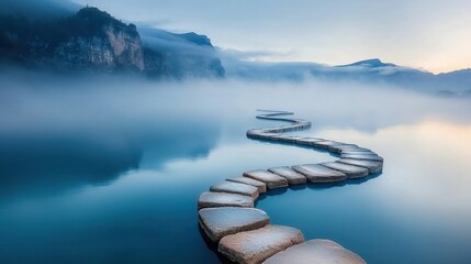 Serpentine stone path through misty lake