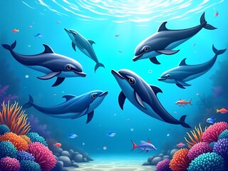 Obraz premium an image of a group of dolphins swimming in the ocean, there is a group of dolphins swimming in the ocean