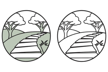 Two circled pathway symbols feature stone steps leading to trees and greenery above