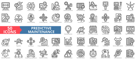 Predictive maintenance icon collection set. Containing data analytics, machine learning, condition, failure prediction, preventive, real time, analysis icon. Simple outline vector illustration.