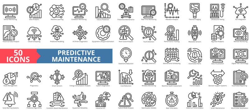 Predictive maintenance icon collection set. Containing data analytics, machine learning, condition, failure prediction, preventive, real time, analysis icon. Simple outline vector illustration.