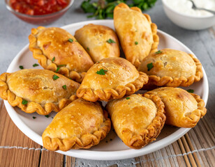 Traditional Chilean empanadas with various savory fillings like pino (beef, onion, olives) and seafood, representing popular regional cuisine.