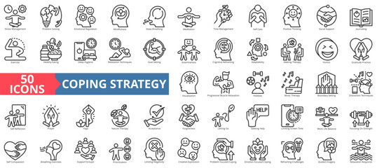 Coping strategy icon collection set. Containing stress management, problem solving, emotional regulation, mindfulness, meditation, self care, exercise icon. Simple outline vector illustration.