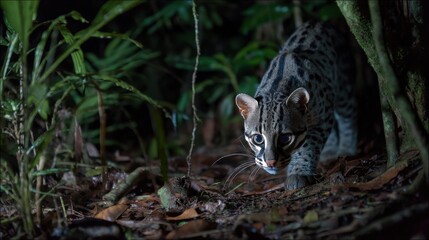 Obraz premium Elusive Margay Cat in the Amazon Rainforest at Night