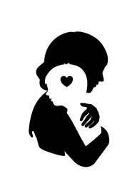 A black and white silhouette of a mother embracing her son with love.