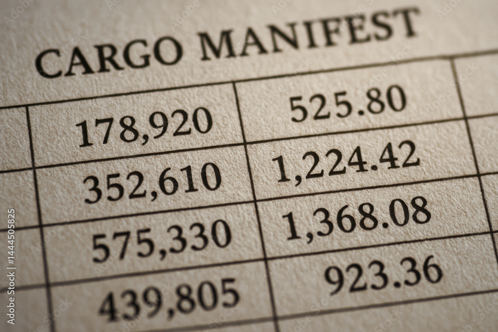 Poster cargo manifest document showing numerical data for trade and flow in globalization context