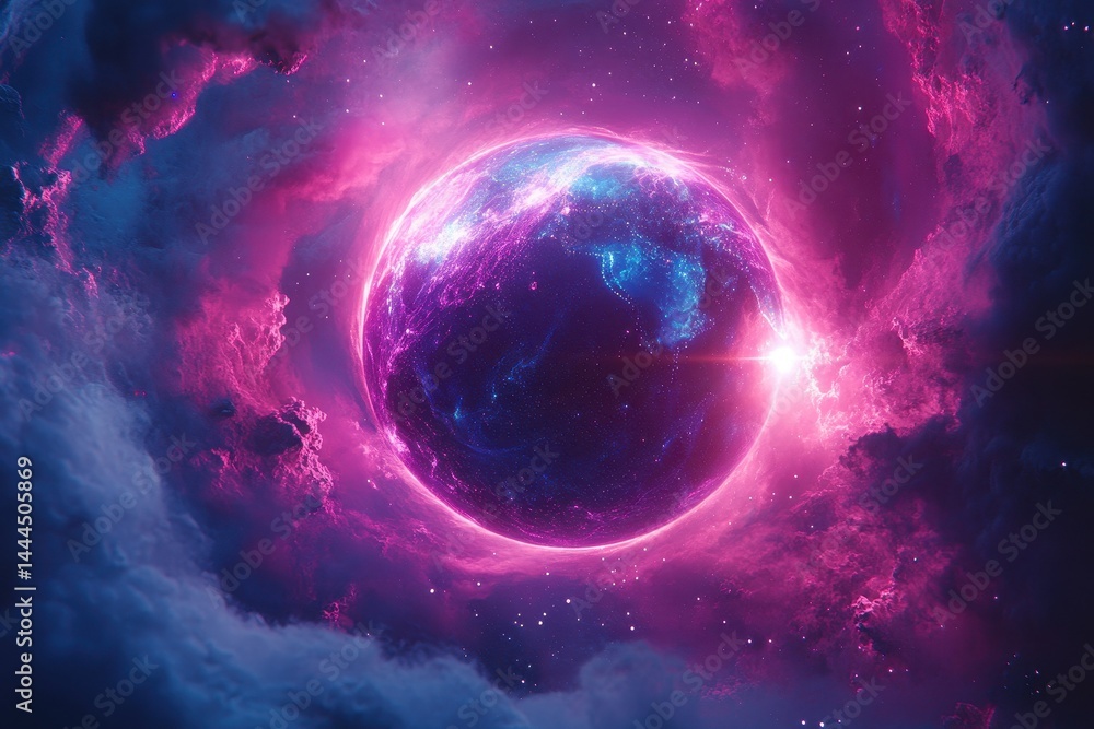 Poster rotating globe surrounded by vibrant optical fiber clouds creating a luminous effect, a rotating glo