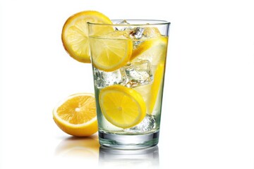 Refreshing Homemade Lemonade with Ice and Lemon Slices Isolated on White
