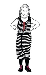 Hand-drawn illustration of a confident young girl standing with hands on hips. She wears a striped black and white long dress with red ruffles and pink shoelaces. Minimalist style on white background.