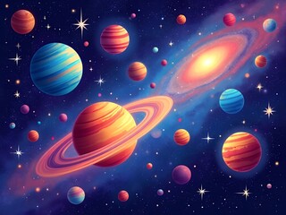 Naklejka premium an image of a group of planets in the sky with stars, there is a picture of a group of planets in the sky