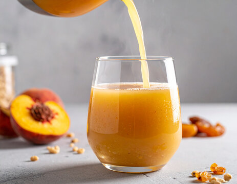 A steaming glass of mote con huesillo, a traditional Chilean summer drink with cooked wheat and dried peaches, showcasing a refreshing beverage.