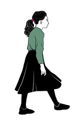 Hand-drawn illustration of a girl walking in profile. She wears a green long-sleeve top, black skirt, and a pink hair tie in a ponytail. Minimalist cartoon style on a white background.