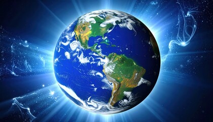 Fototapeta premium Stunning Earth Globe Image Planet Earth with a Vibrant Blue Atmosphere and Glowing Energy Beams