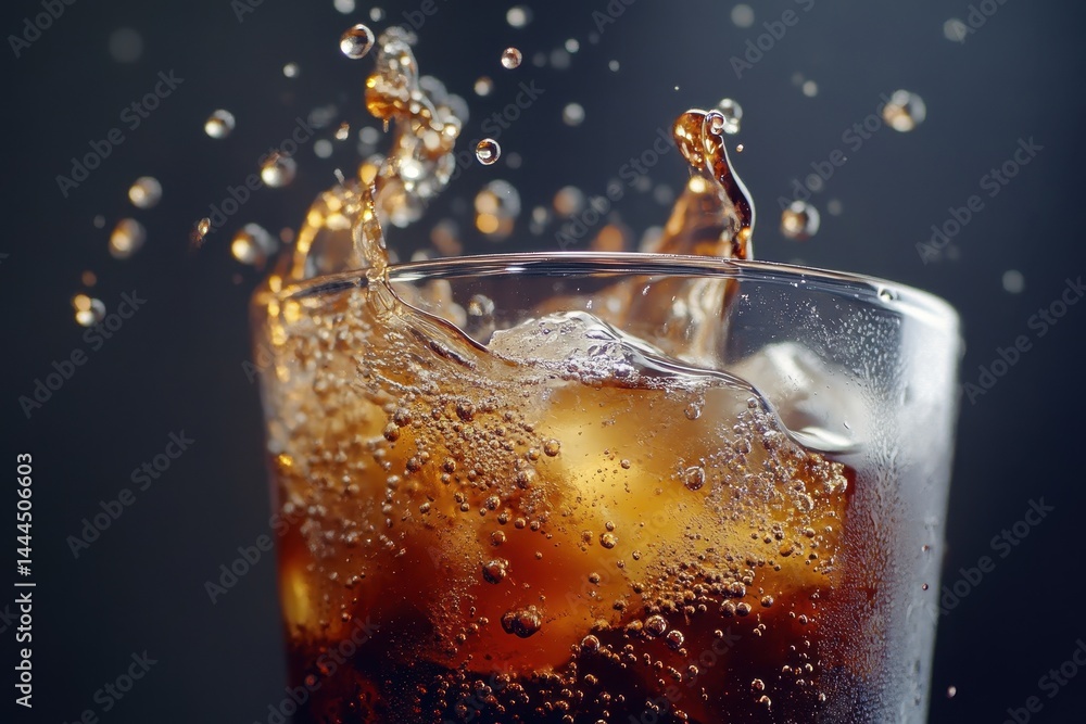Poster refreshing glass of cola with ice and splashes reflecting bright light, glass of cola ice cola with 