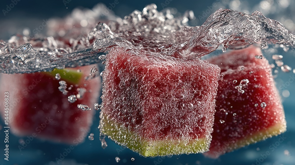 Poster refreshing watermelon cubes submerged in water with bubbles against a blue backdrop