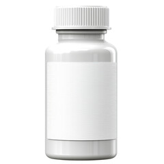 Close-up of a white plastic pill bottle with a blank label and child-resistant cap, isolated on a white background, suitable for pharmaceutical and health product visuals
