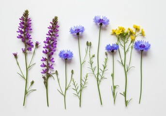 Arrangement of purple blue and yellow wildflowers on a white background in a flat lay style