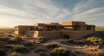Adobe Home Exterior At Sunset In Desert Environment For Sale Or Rent