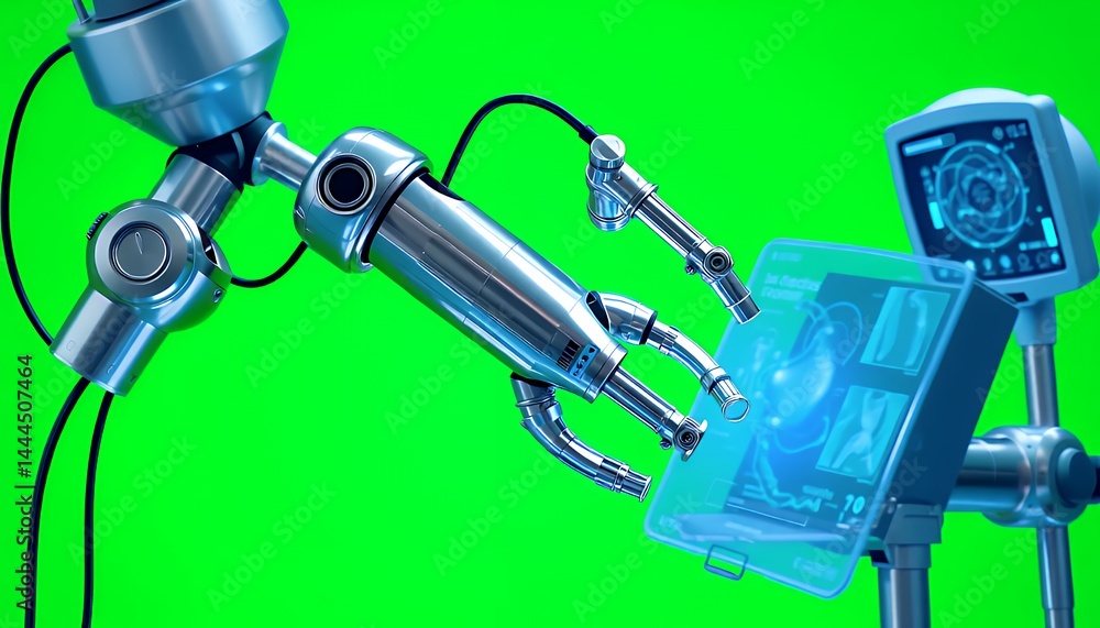 Poster silver robotic arm interacting with digital interface displaying data visualizations isolated on gre