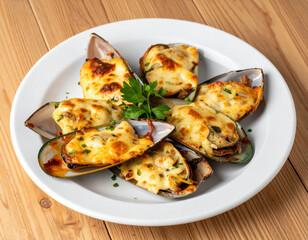 A steaming plate of machas a la parmesana, baked razor clams with Parmesan cheese, a popular Chilean seafood appetizer.