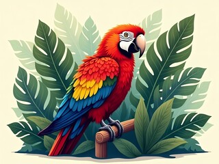 an image of a colorful parrot sitting on a branch with leaves, there is a colorful parrot sitting on a branch with leaves
