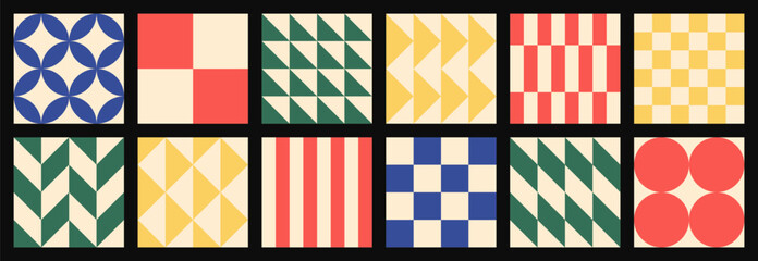 Big set of abstract modern seamless multicolor minimalistic large patterns of simple geometric shapes on black and light background; red, blue, yellow and green colors; flat style