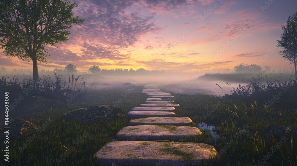 Aufkleber a scenic pathway winding through a beautiful field under a twilight sky inviting exploration and a c