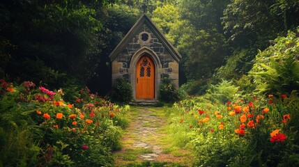 Obraz premium Serene little chapel in Guernsey, Channel Islands surrounded by vibrant flowers and greenery, vibrant, greenery