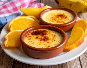 A Chilean dessert called leche asada served in clay bowls, topped with caramelized sugar and surrounded by fresh fruit slices.