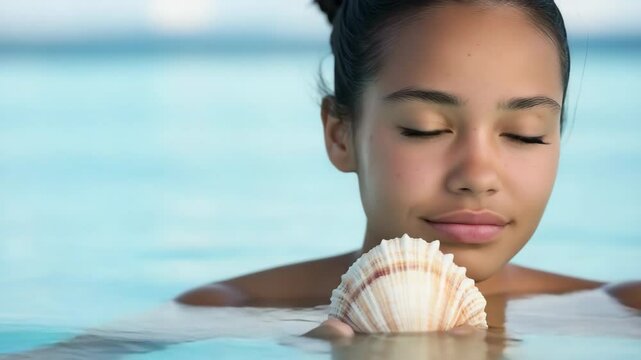A woman is holding a shell in her hand while swimming in the ocean. Concept of relaxation and leisure, as the woman is enjoying her time in the water. The shell adds a touch of whimsy