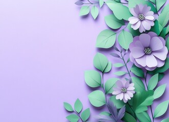 Beautiful paper flowers and leaves arranged on a soft purple background in a creative design