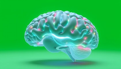 Turquoise Human Brain Anatomy Model with Glowing Accents Isolated On Green Screen Ideal For Medical Visualizations and Educational Content